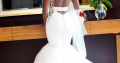Lace beaded trumpet mermaid sleeve wedding gown